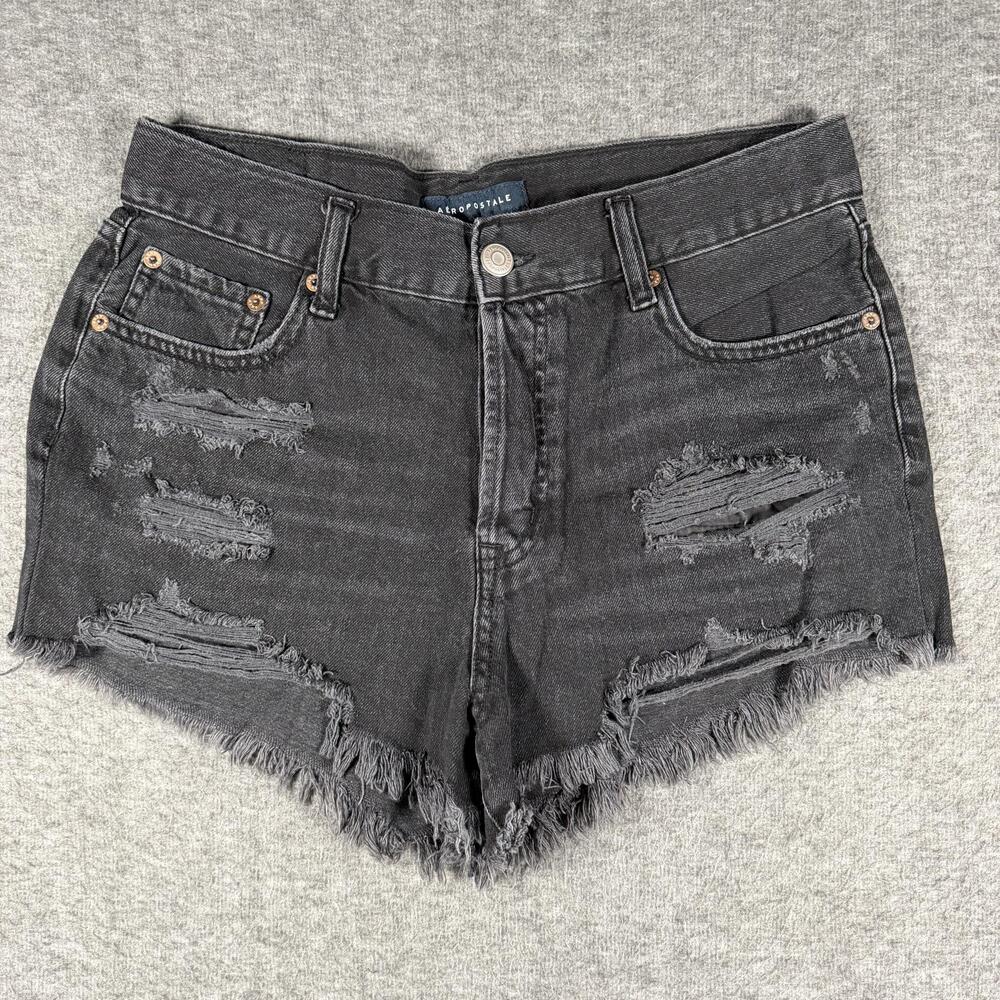 Aeropostale Shorts Womens 8 Faded Black Boyfriend Denim Distressed Cutoff Booty